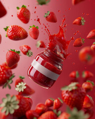 Advertising photograph of strawberry jam jar floating in the middle with flying fresh red strawberries around, no logo