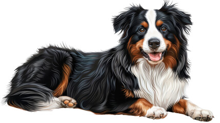 A friendly Bernese Mountain Dog with a happy expression, lying down with its tongue out.