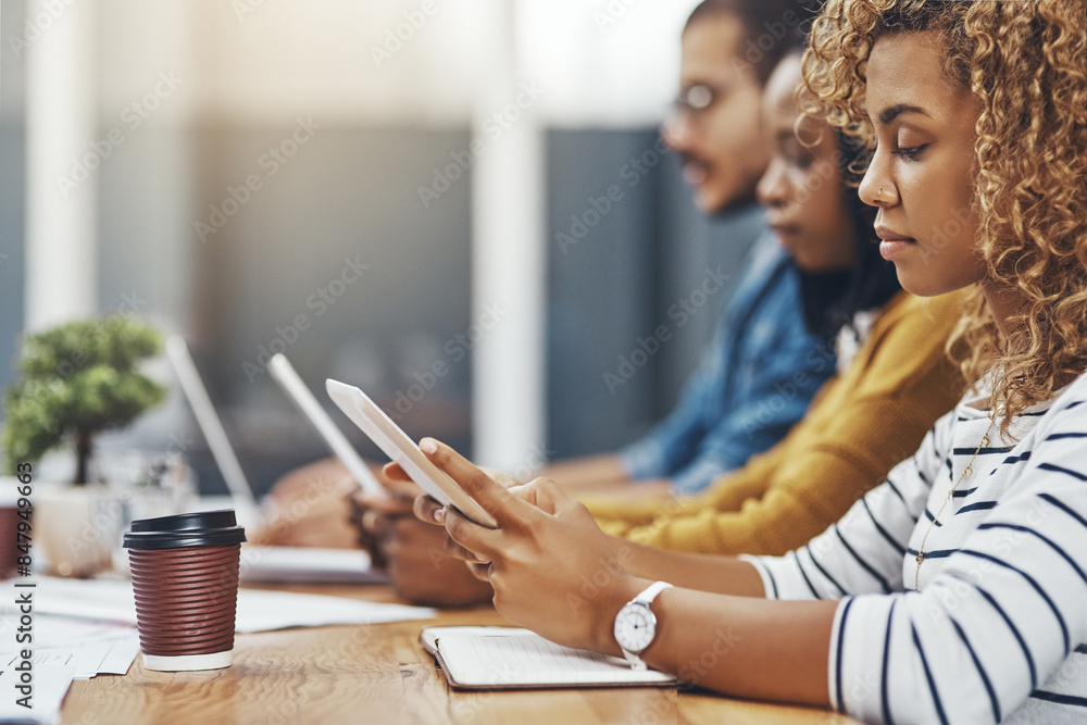 Poster woman, tablet and office meeting with group in office as web developer in internship for company in 