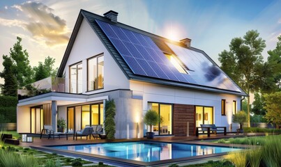 An ecofriendly house with large windows, outdoor seating, solar panels, and a beautiful sunset. Surrounded by greenery, perfect for sustainable living in a modern and stylish way