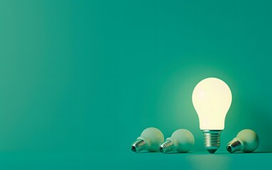 One Glowing Light Bulb in Line of Five on Green Background