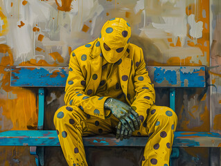 Taking a break. Comics styled yellow dotted suit. Modern design Oil color painting. Generative AI.