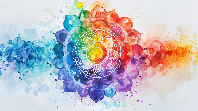 The chakra mandala is a work of art made of hand-painted watercolors. Its colorful patterns and geometric shapes are a symbol of balance and harmony between the body, mind and soul.