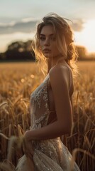 Obraz premium A happy young beautiful woman in a dress, strolling through a golden barley field in the evening. A wheat field at sunset.