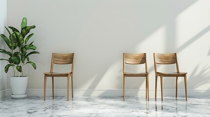 Natural wood chairs, marble texture floor, decoration plant