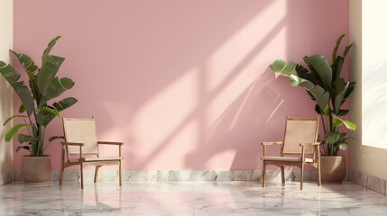 Natural wood chairs, marble texture floor, decoration plant