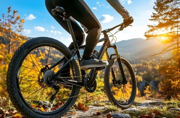 Fototapeta premium Cyclist Riding on Path Through Autumn Forest and Mountain Landscape