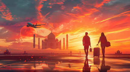 Naklejka premium A couple walks towards a majestic sunset in India, with the silhouette of the great mosque in the background