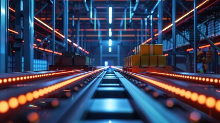 Fototapeta premium Robotic warehouse sorting system, high-tech automation, and smart logistics