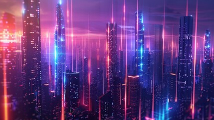Urban landscape with glowing data lines, futuristic city and technology concept