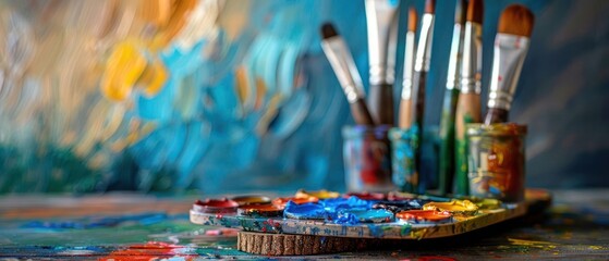 Colorful artist workspace with paintbrushes in jars and a paint palette on a messy table, vibrant abstract background. - Powered by Adobe