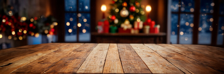 Christmas background wooden table, bokeh lights, template, copy space.
