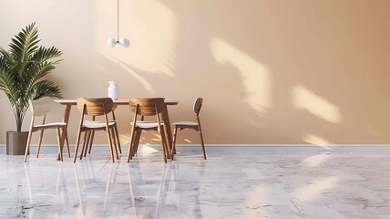 Natural wood dining table and chairs, marble texture floor, decoration plant