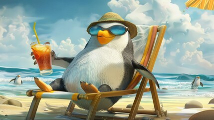 Obraz premium Cute penguins with a tropical cocktail relax on a sun lounger on the beach. The concept of a vacation at sea.