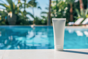 White cosmetic tube for mockup, placed near a swimming pool with a tropical background. Shallow depth of field
