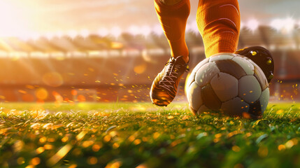 A soccer player in orange uniform dribbling a ball on the field during a sunset match, highlighting the intensity and excitement of the game.