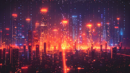 Fototapeta premium Cityscape illustration in concept of smart cities and urban innovation. Interconnected, smart infrastructure, and IoT-enabled public services, the role of technology in modern urban planning.