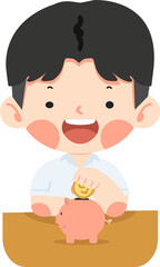 Kid Boy putting coin piggy bank