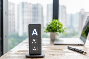 Smartphone with AI symbol on desk in a modern office, highlighting the integration of artificial intelligence in everyday technology and professional settings.