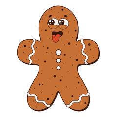 Gingerbread cookie in the shape of a man. Christmas cookie with eyes and a tongue. Emoji in the form of a cookie. Vector illustration of baked goods with decorations