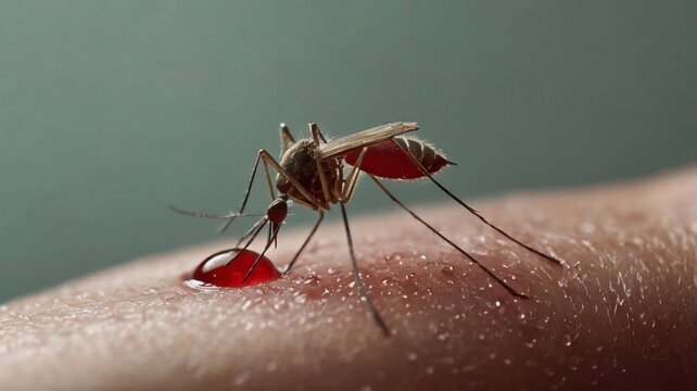 macro photography of a mosquito sucking blood from a human hand, hairy hand