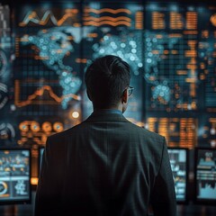 A businessman in glasses stands with his back to the camera, AI-generated