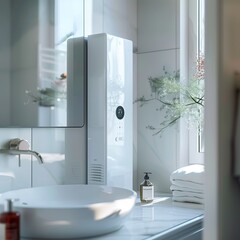 Obraz premium A white vertical air conditioner is mounted on the wall of an elegant bathroom, AI-generated
