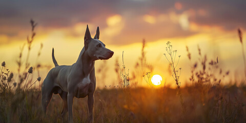 Dog standing in a field during sunset, nature and pets concept