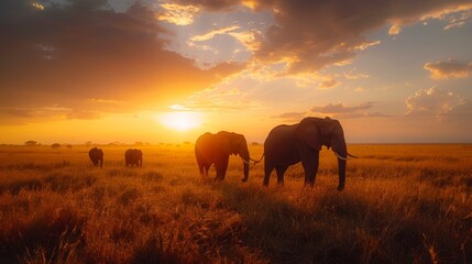 Elephants walking during a stunning sunset in the savannah