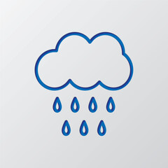 Cloud rain, drops simple icon vector. Flat design. Paper cut design. Cutted blue symbol with shadow. Gray background