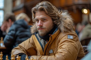 Fototapeta premium Young Man in Brown Jacket Plays Chess in Indoor Setting
