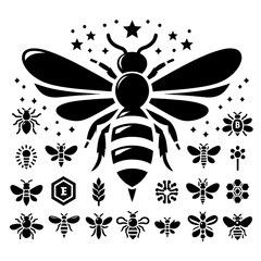 Black silhouette Bee floral elements with isolated white background, Ideal for Tattoos, Graphic Designs, Logos, and Decorative Art.