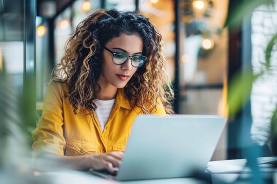 Young woman uses laptop to research information on the internet Mixed race woman sends email