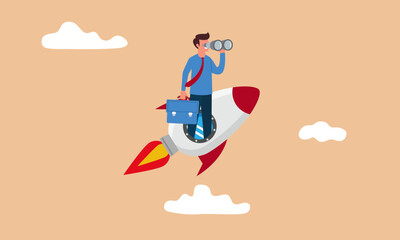 A businessman rides a rocket and uses binoculars to see the innovation succeed...