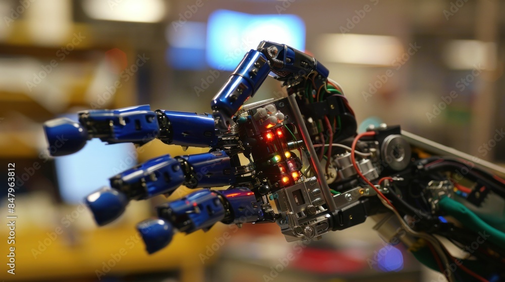 Poster robotic hand displayed in front of computer screen in business office setting with medical equipment