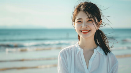 ビーチで微笑む日本人女性