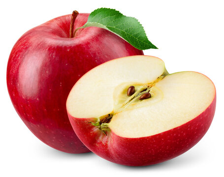Apple isolated png. Red apple and a half with leaf on transparent background. PNG format. Red apples with no background. Full depth of field.