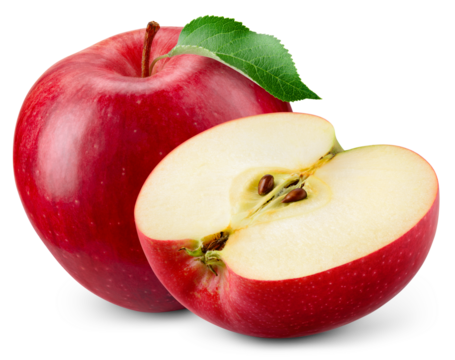 Apple isolated png. Red apple and a half with leaf on transparent background. PNG format. Red apples with no background. Full depth of field.