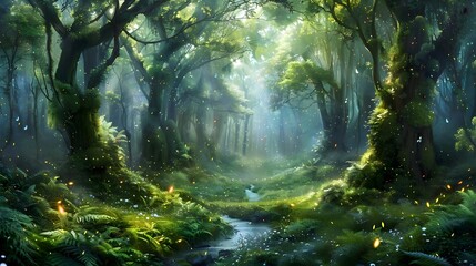 Forest Trail with Sunlight Filtering Through Trees background, Generative Ai