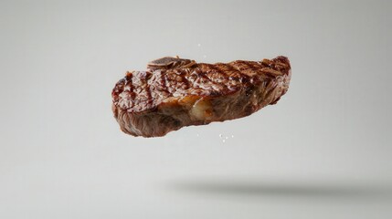 Perfectly grilled steak floating against a clean background showcasing its rich texture and appetizing appeal.