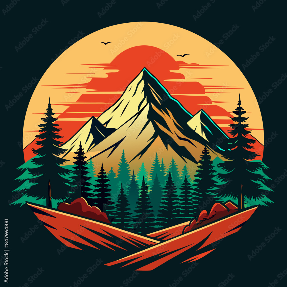 Wall mural Vector mountain and forest illustration with retro style for t-shirt design