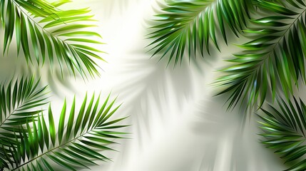 Obraz premium Shadow of palm leaves on white clean wall. Beautiful abstract background concept banner for summer vacation. minimalist. natural low light morning from the window.