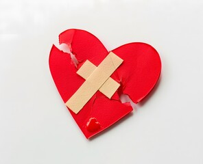 Broken Heart with Bandage, Red Paper Cutout on White Background