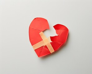 Red Paper Cut-Out Broken Heart with Bandage on White Background