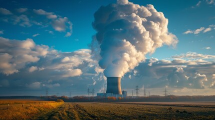 Power plant with smoke stacks against a blue sky