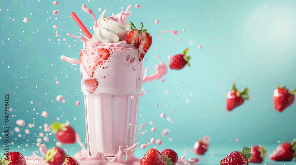 Sticker strawberry milkshake with milk spash with blue background