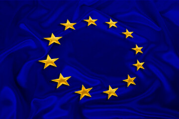 flag European Union on beautiful silk background, concept of politics, global business, trading, international cooperation, copy space, template
