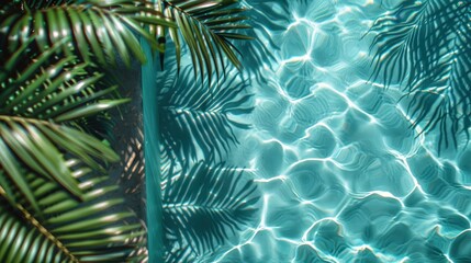 Clean and minimalist composition highlighting the artistic arrangement of palm leaf shadows gently rippling across the surface of a calm, azure-blue ocean.