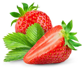 Strawberry isolated png. Strawberry with a half and leaf on transparent background. PNG format....