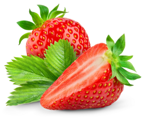 Strawberry isolated png. Strawberry with a half and leaf on transparent background. PNG format. Sliced strawberries with no background. Full depth of field.